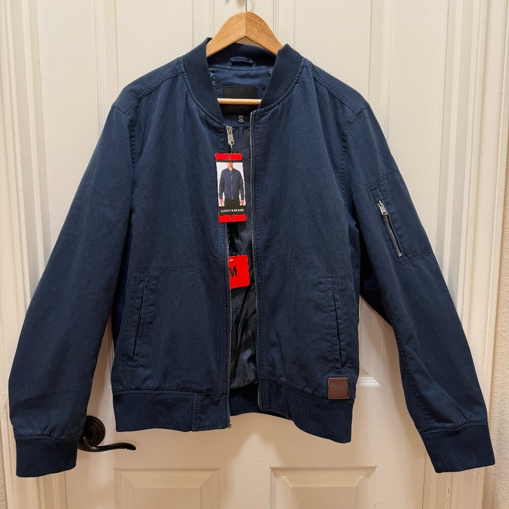 Lucky Brand Men's Full Zip Bomber Jacket Size M Navy Blue Lightweight Sporty New